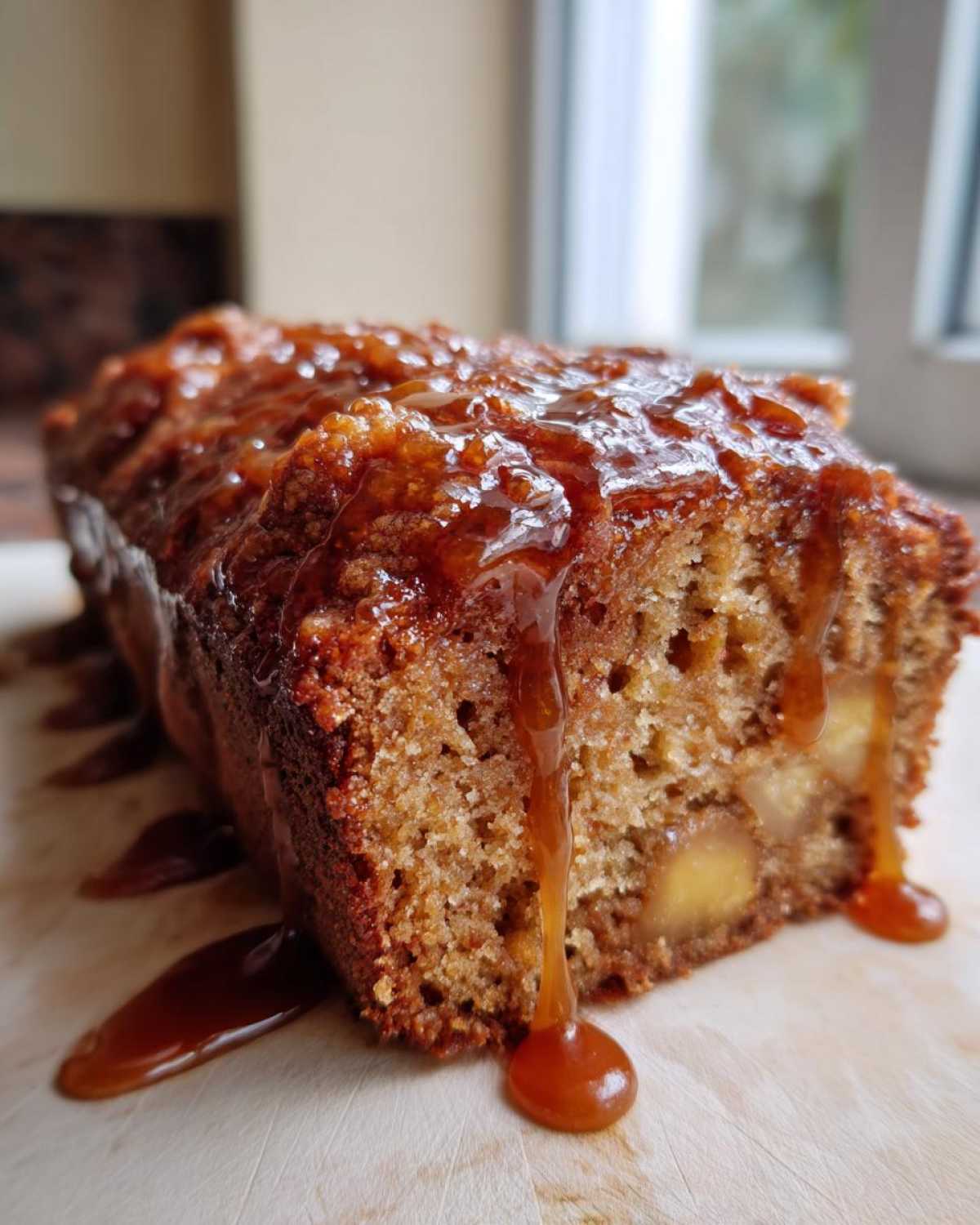 Close-up of a slice of moist apple dapple cake topped with thick, dripping caramel sauce.