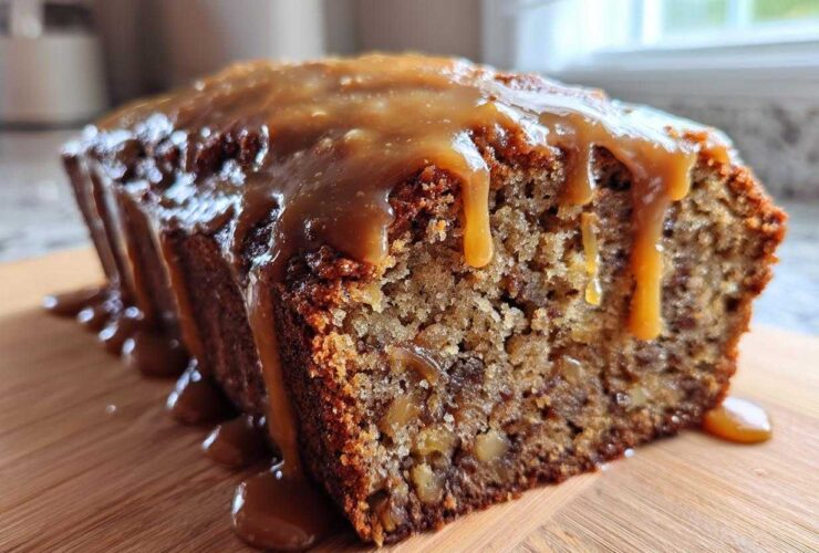 Close-up of a slice of moist apple dapple cake topped with thick caramel sauce dripping down the sides.