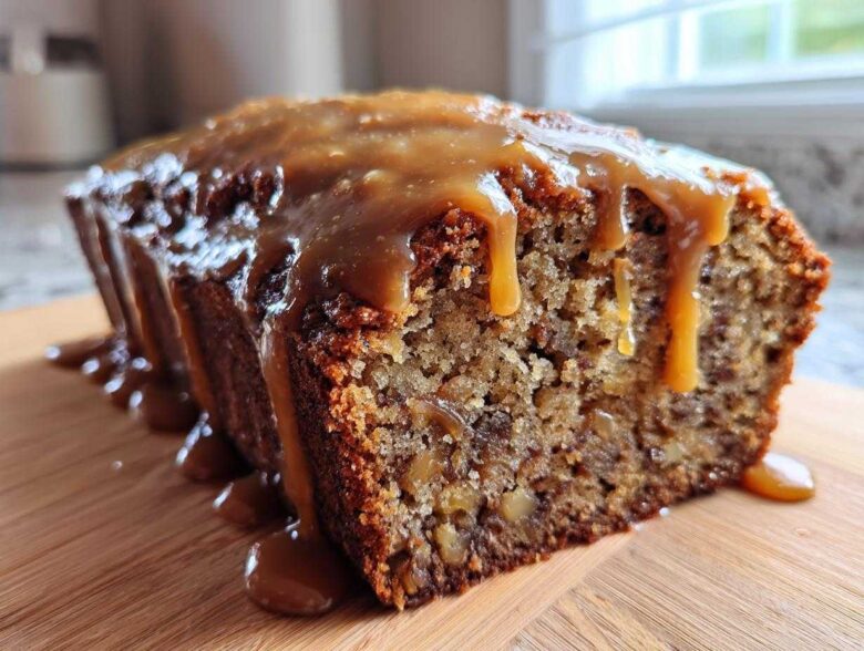 Close-up of a slice of moist apple dapple cake topped with thick caramel sauce dripping down the sides.