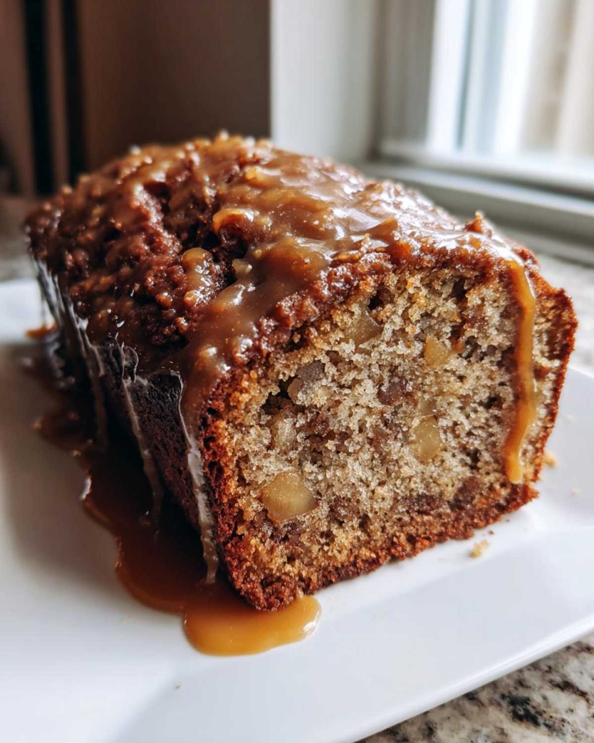 Close-up of a slice of moist apple dapple cake drizzled generously with caramel sauce.
