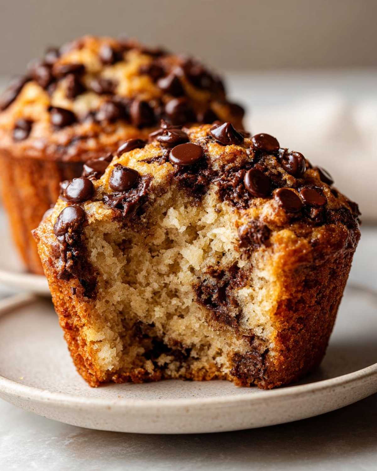 Close-up of a moist banana chocolate chip muffin with a bite taken out, showing the soft interior and melted chocolate.