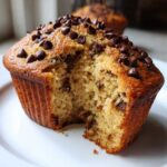 Close-up of a moist banana chocolate chip muffins with a bite taken out, showing chocolate chips throughout the crumb.