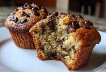 Close-up of a moist banana chocolate chip muffin with a bite taken out, showing the soft interior and chocolate chips.