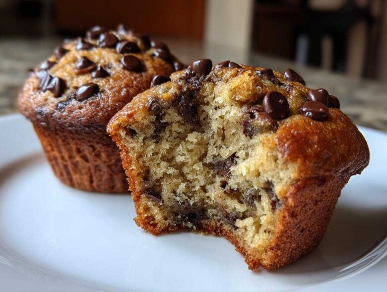 Close-up of a moist banana chocolate chip muffin with a bite taken out, showing the soft interior and chocolate chips.