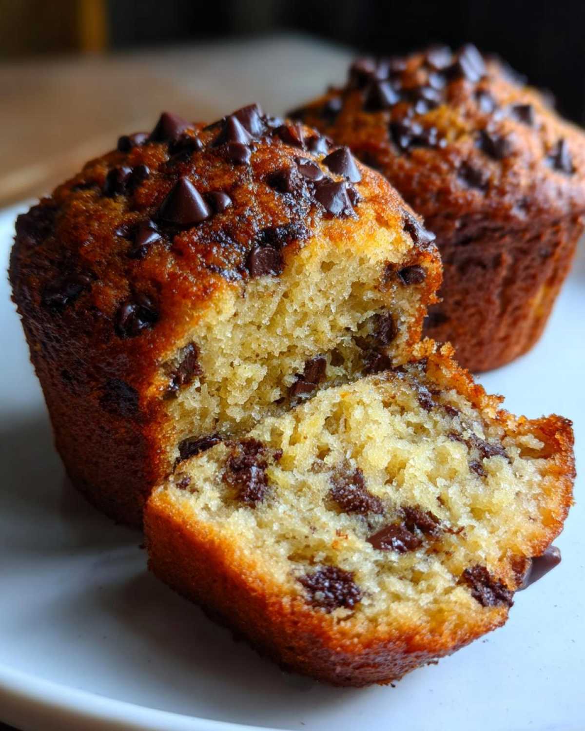 Close-up of a moist banana chocolate chip muffin, cut open to show the soft crumb and chocolate chips inside.