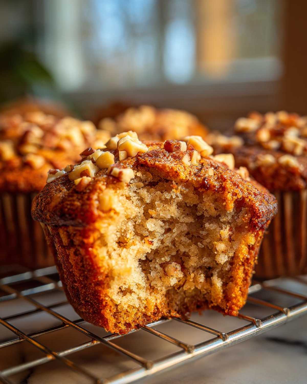 Close-up of a moist banana nut muffin with a bite taken out, showing the crumb texture and walnut topping.