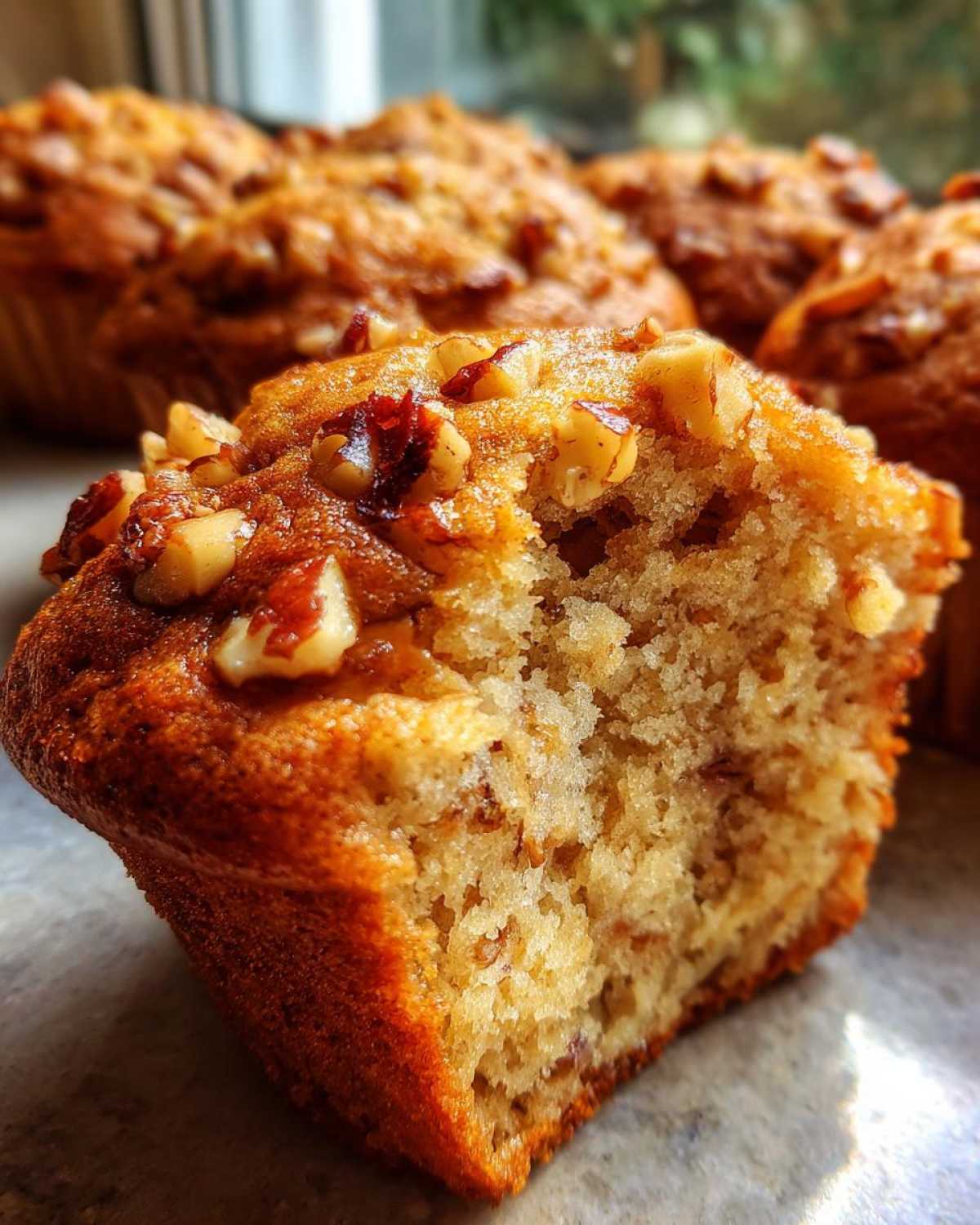 Close-up of a moist banana nut muffins, showing the fluffy interior and crunchy walnut topping.