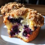 Close-up of a moist blueberry muffin cut in half, showing burst blueberries and a crumbly streusel topping.