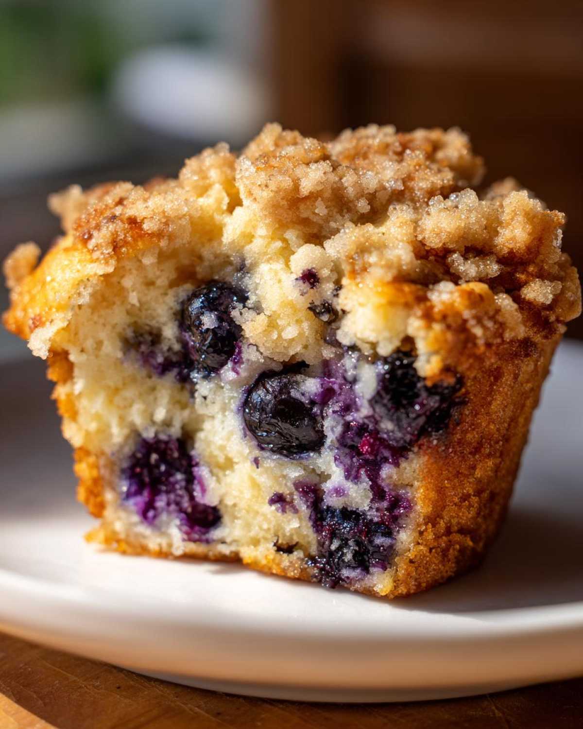 Close-up of a moist blueberry muffin half showing juicy blueberries and a sugary crumb topping.