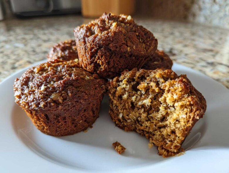 A close-up of several moist bran muffins on a white plate, one cut open showing the texture.