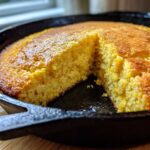 Close-up of moist buttermilk cornbread baked golden brown in a cast iron skillet with a slice removed.