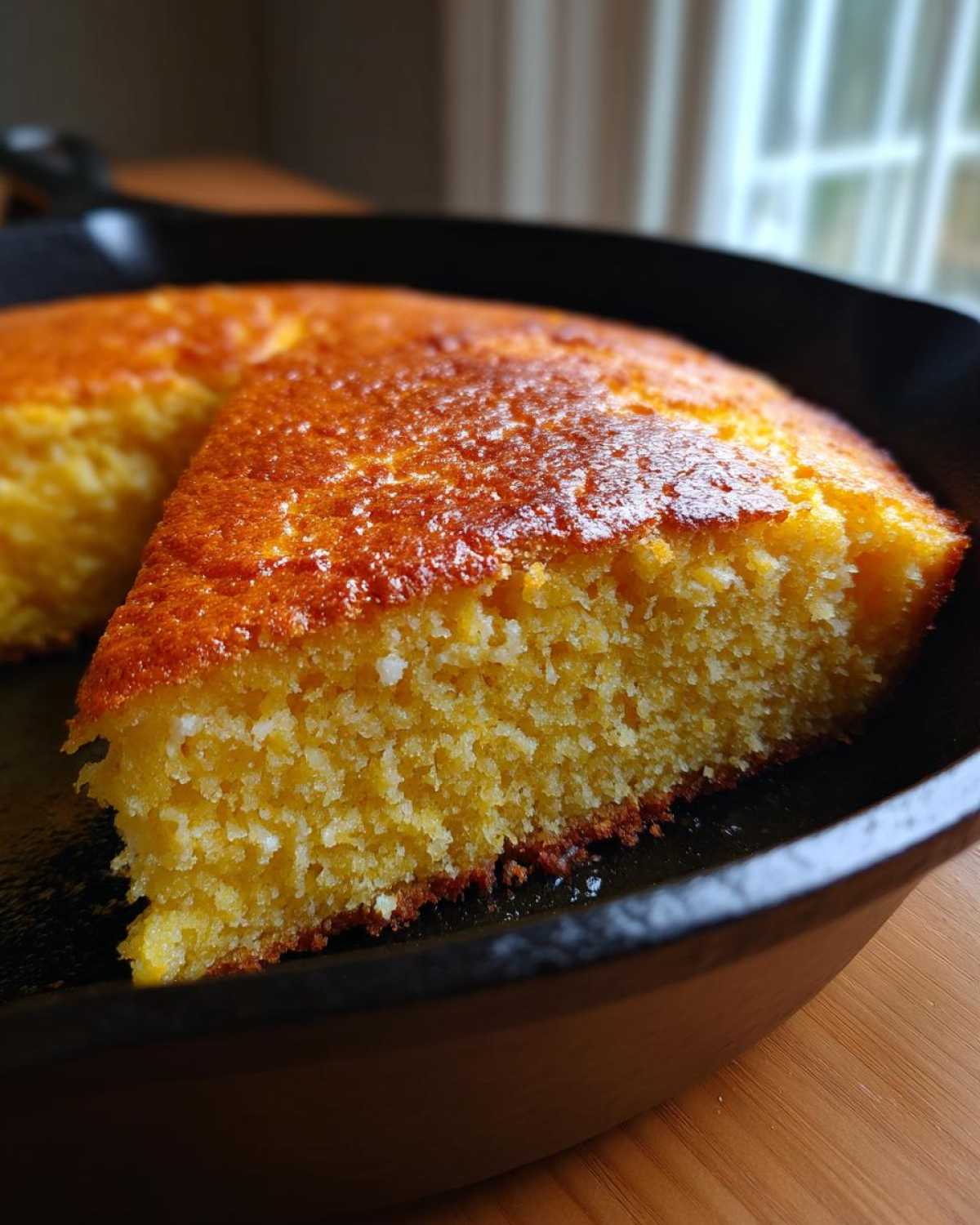 Close-up of a golden slice of moist buttermilk cornbread baked in a black cast iron skillet.
