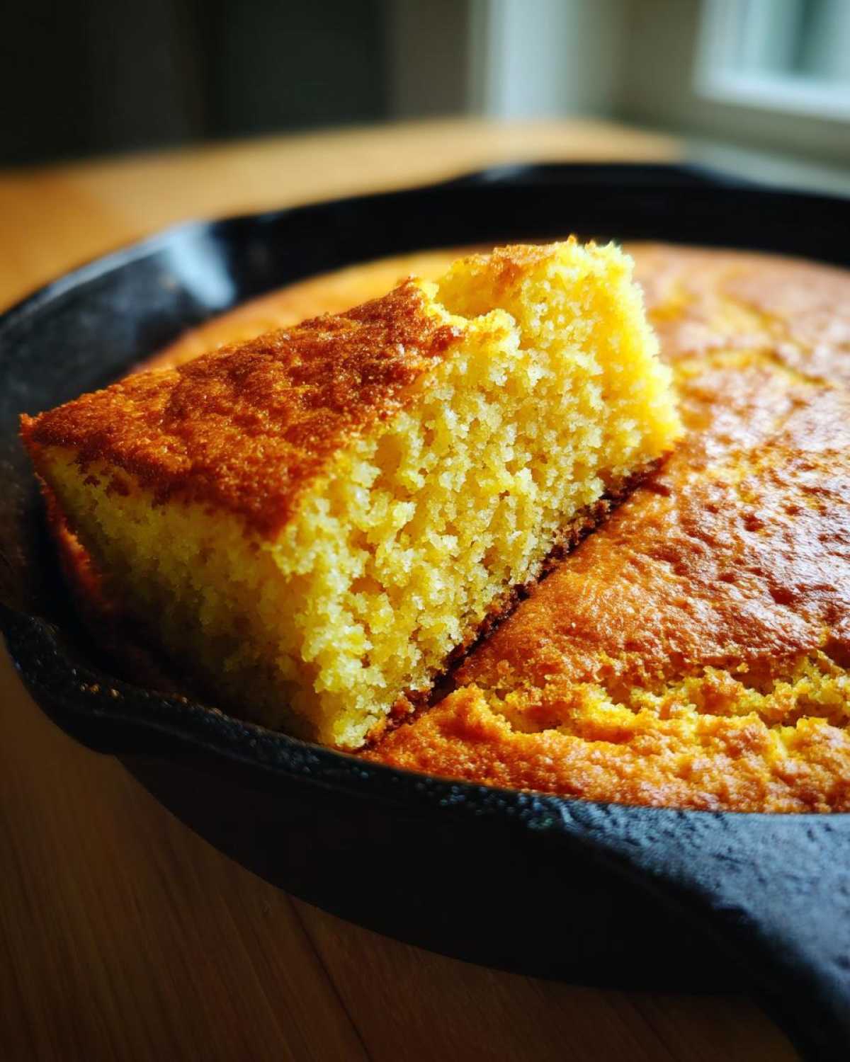 A close-up of a moist buttermilk cornbread slice lifted from the rest of the golden-brown cake in a black cast iron skillet.