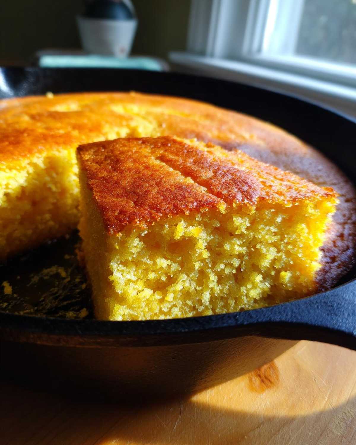A close-up of a moist buttermilk cornbread slice being pulled from the rest of the golden-brown loaf in a black cast iron skillet.