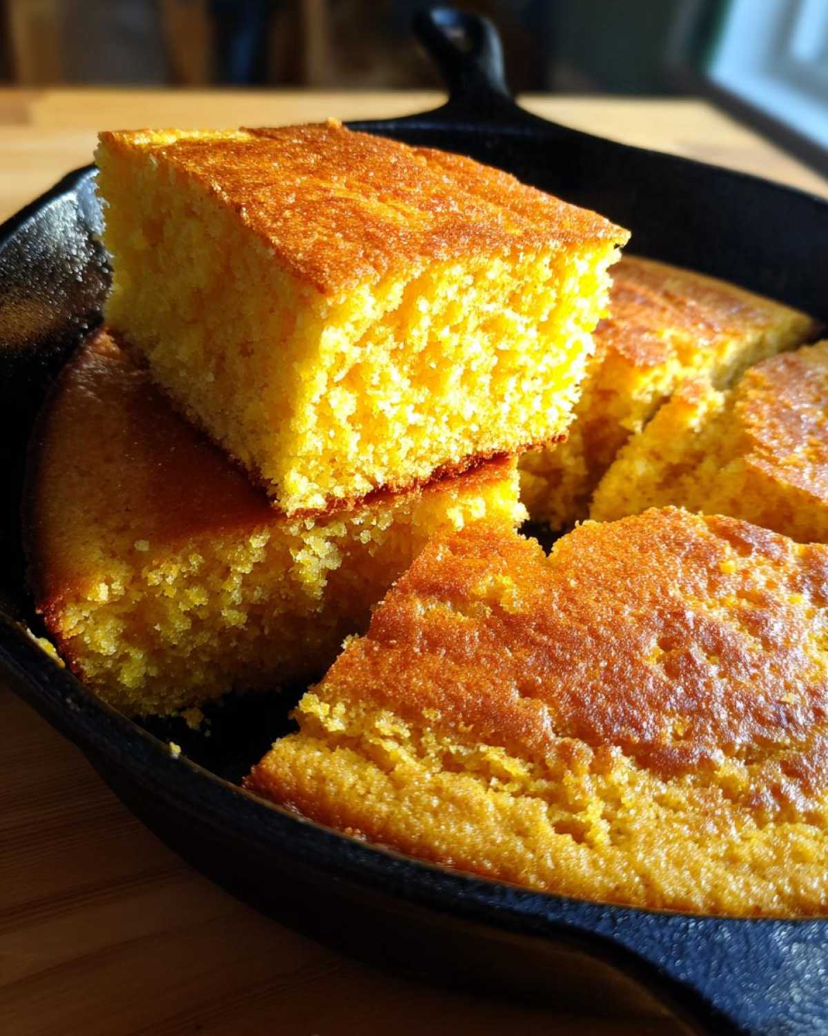 Close-up of golden, moist buttermilk cornbread squares cut and stacked in a black cast iron skillet.