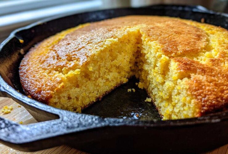 Close-up of moist buttermilk cornbread baked golden brown in a cast iron skillet with a slice removed.
