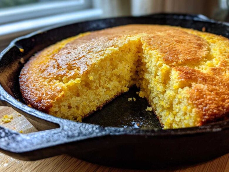 Close-up of moist buttermilk cornbread baked golden brown in a cast iron skillet with a slice removed.