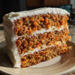 A thick slice of moist carrot cake recipe with two layers and cream cheese frosting.