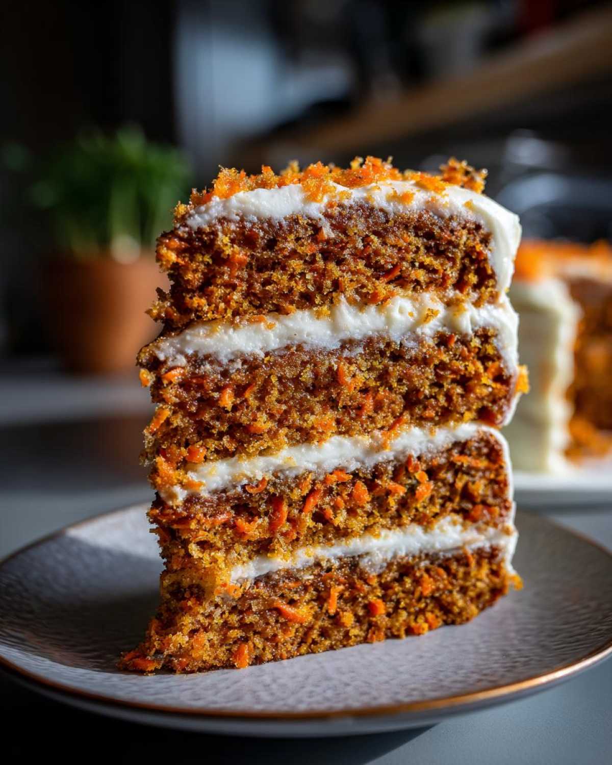 A tall, moist slice of three-layer carrot cake recipe with thick cream cheese frosting layers.