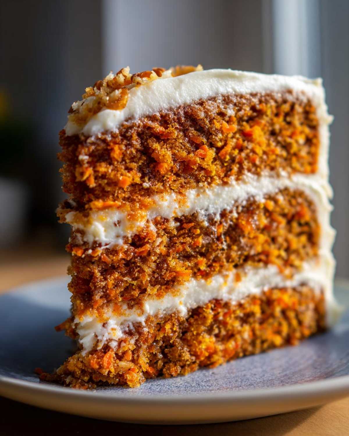 Close-up of a thick, moist slice of three-layer carrot cake recipe with cream cheese frosting and pecans.