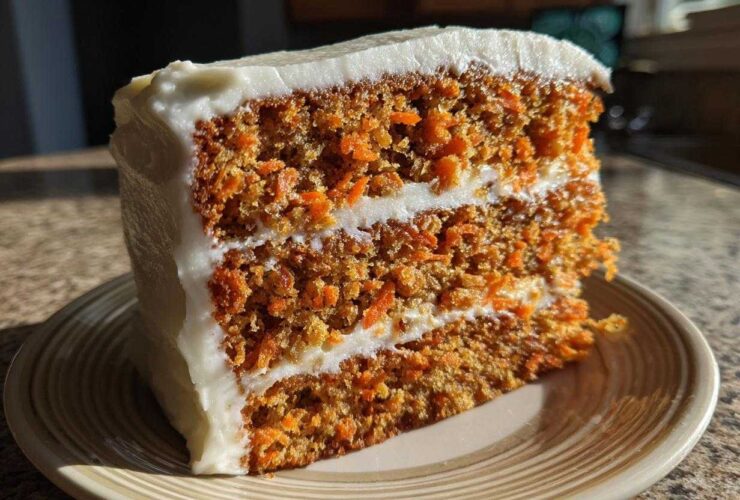 A thick slice of moist carrot cake recipe with two layers and cream cheese frosting.