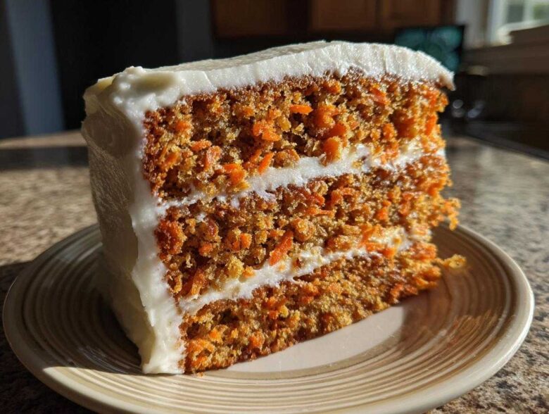 A thick slice of moist carrot cake recipe with two layers and cream cheese frosting.