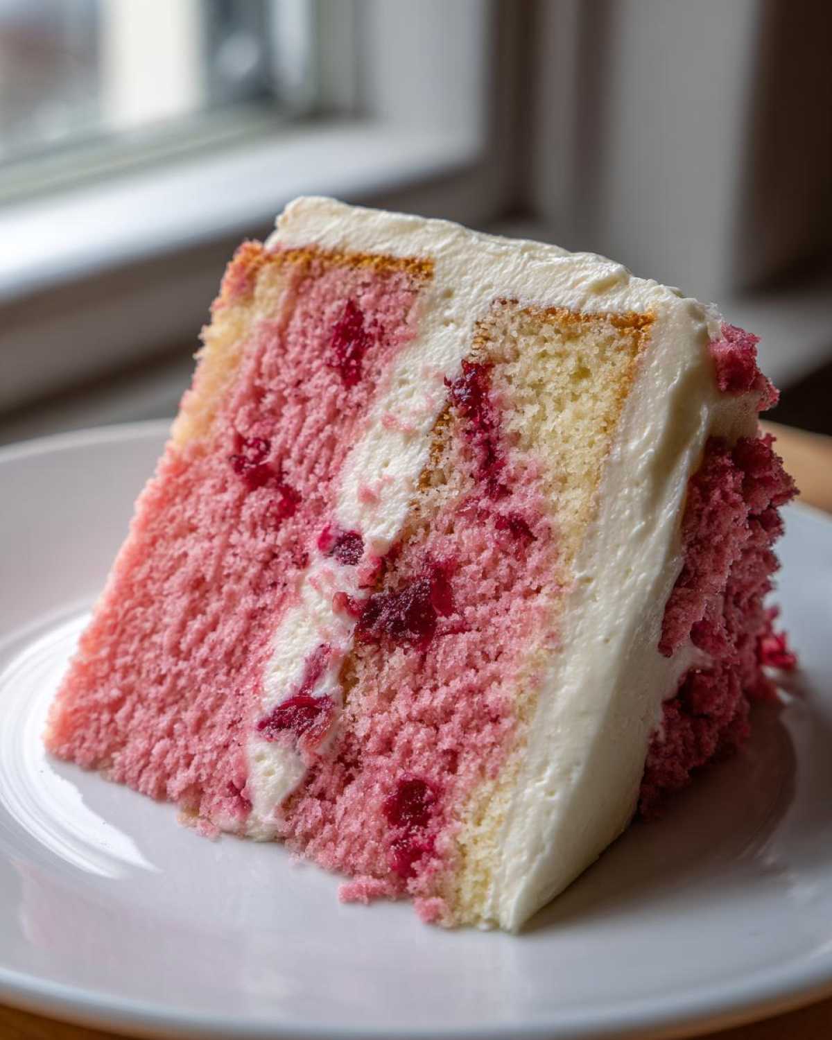 Close-up of a moist slice of pink cherry cake layered with white frosting and visible cherry pieces.