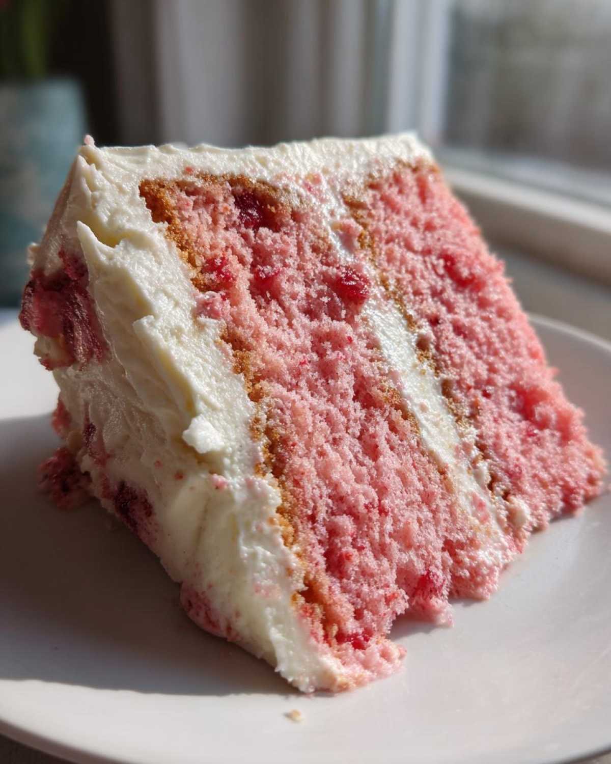 Close-up of a slice of moist, pink cherry cake layered with white cream cheese frosting.