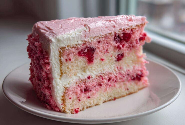A generous slice of moist cherry cake featuring layers of white cake studded with bright red cherries and layered with white and pink frosting.