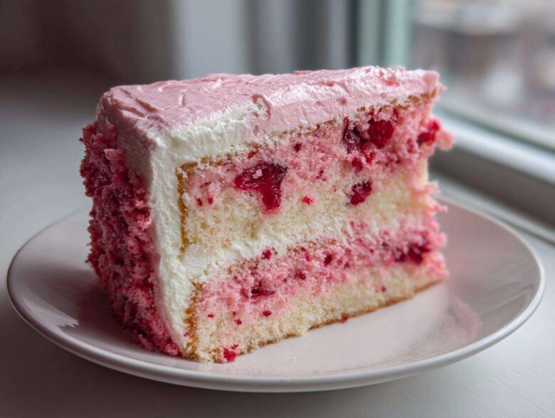 A generous slice of moist cherry cake featuring layers of white cake studded with bright red cherries and layered with white and pink frosting.