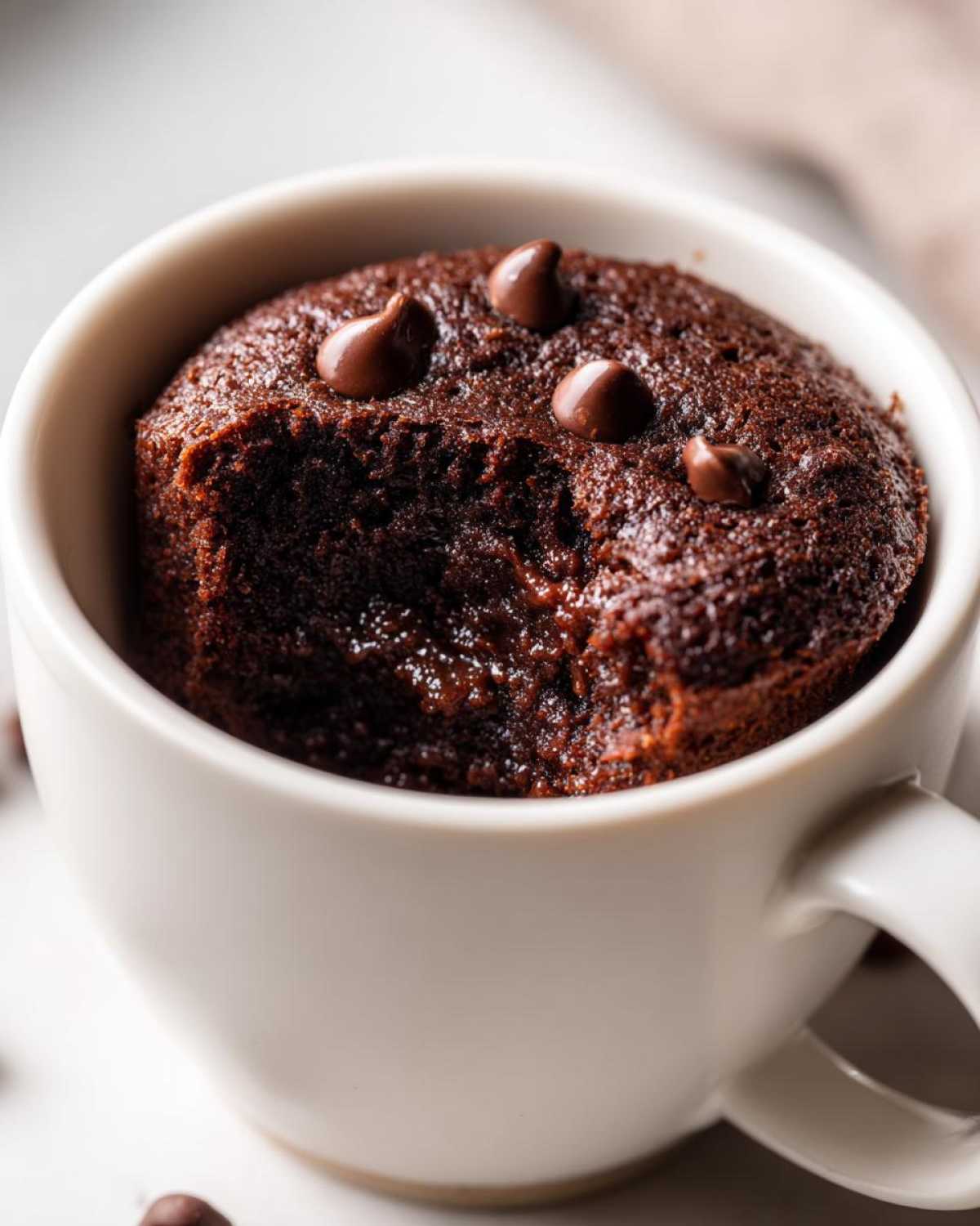 Close-up of a rich, dark chocolate mug cake with melted chocolate chips inside a white mug.