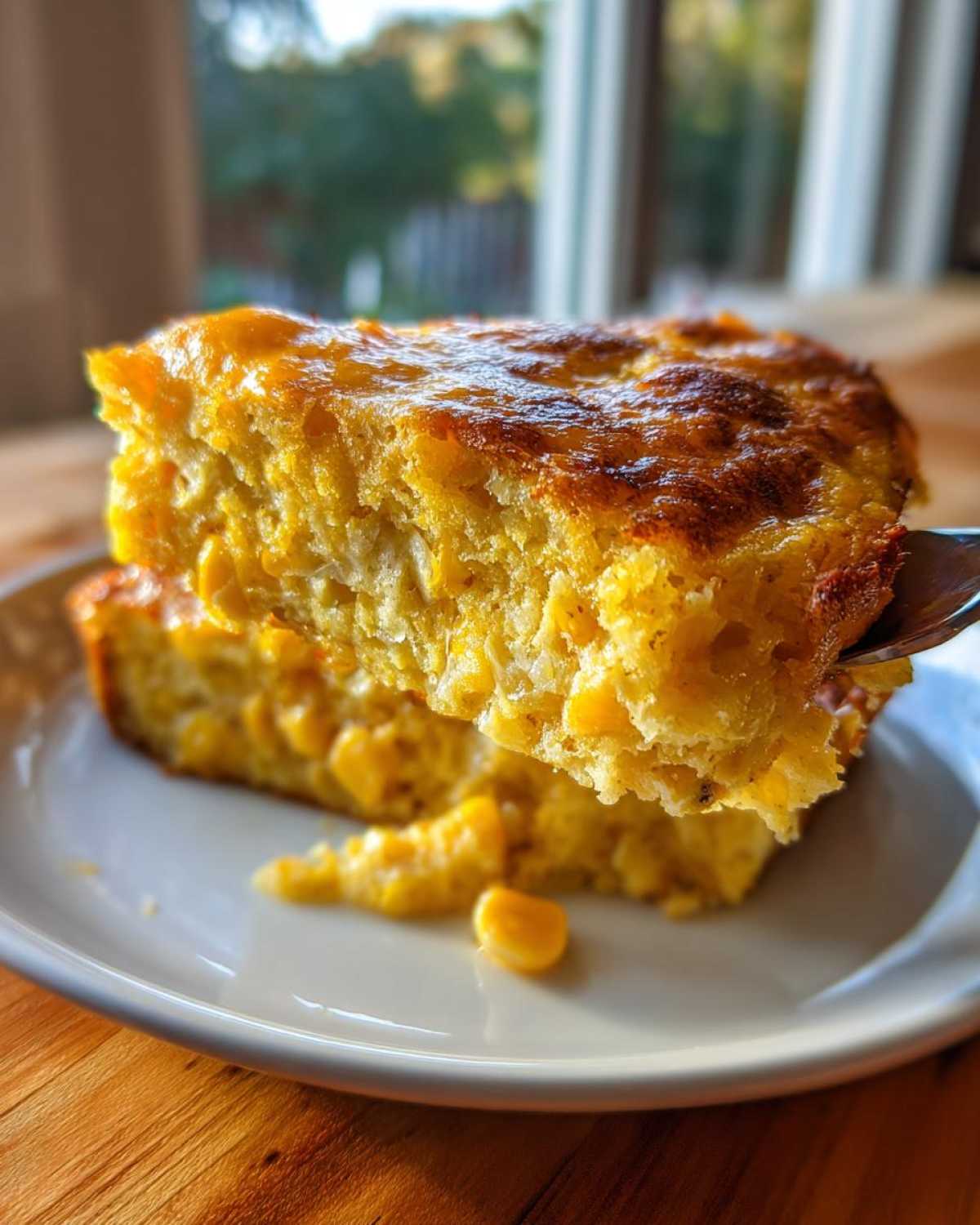 A fork lifts a moist, golden slice of cornbread casserole showing visible corn kernels.