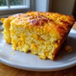 Close-up of a thick slice of moist cornbread casserole showing whole corn kernels baked inside and a golden-brown top.