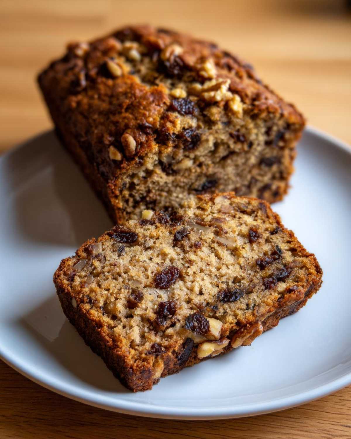 A close-up of a moist slice of date nut bread, showing raisins and walnuts embedded in the loaf behind it.