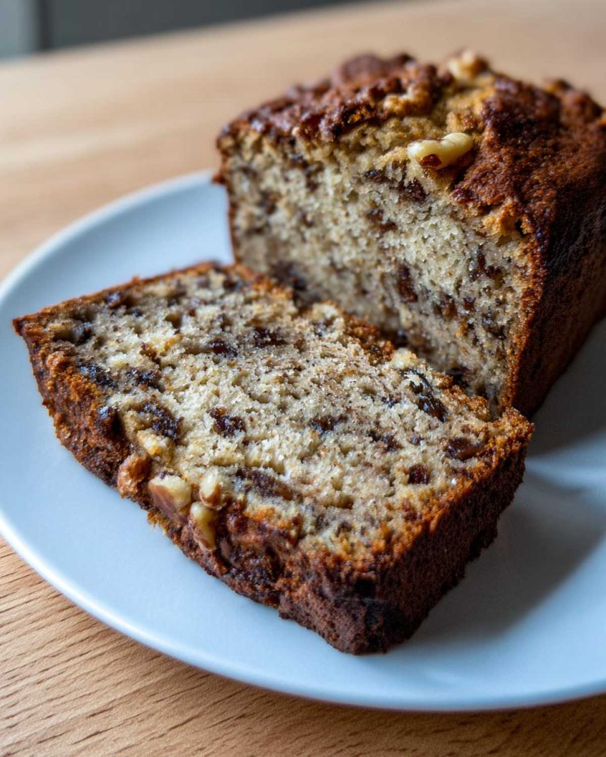 Close-up of a moist slice of date nut bread next to the loaf, showing visible dates and walnuts.