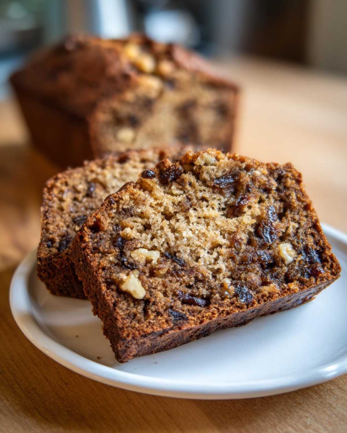 Two moist slices of date nut bread, showing visible dates and walnuts, served on a small white plate.
