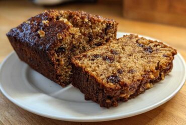 Two slices of moist date nut bread, rich in dark dates and walnuts, served on a white plate.