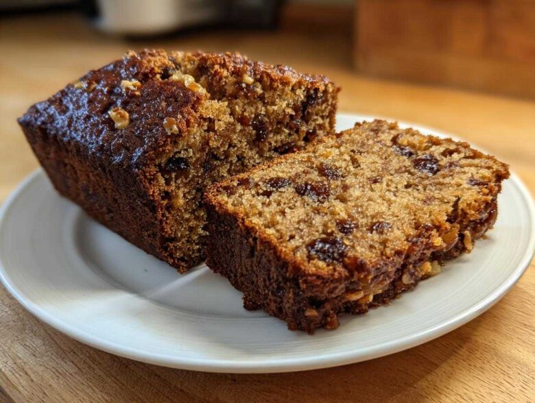 Two slices of moist date nut bread, rich in dark dates and walnuts, served on a white plate.