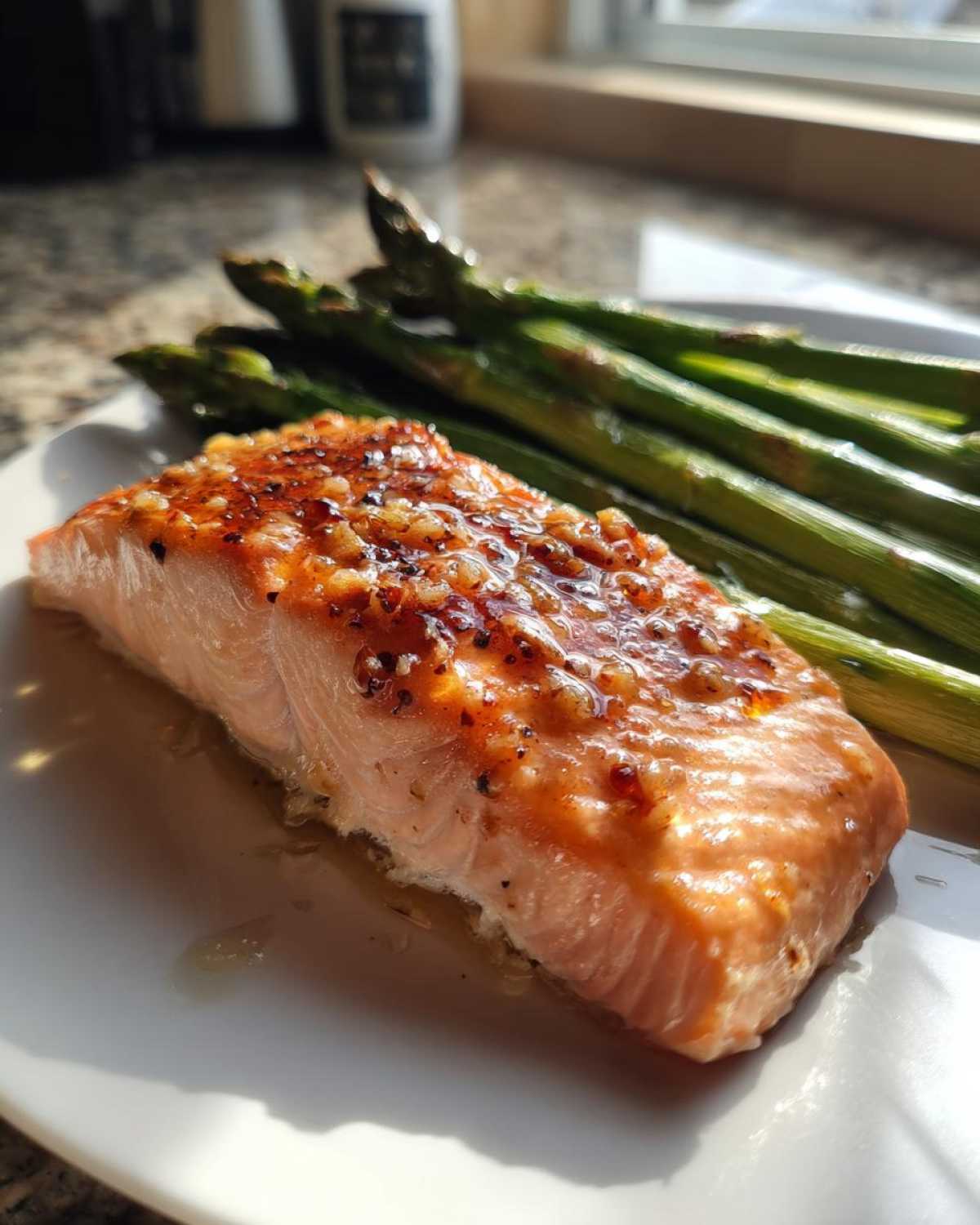 Close-up of a perfectly cooked, glazed salmon recipe fillet served next to bright green roasted asparagus spears.