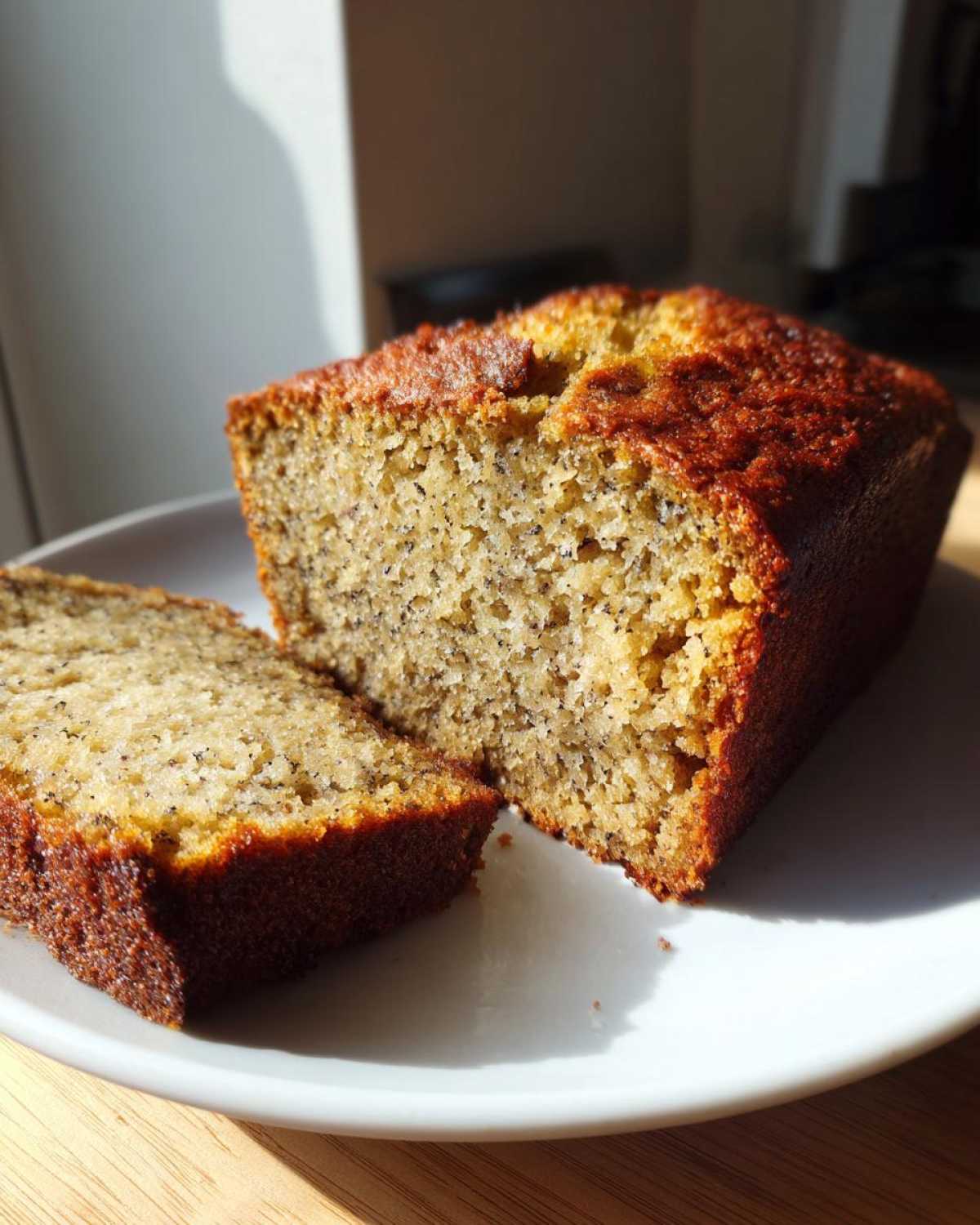 Close-up of a loaf and slice of moist greek yogurt banana bread showing its tender crumb texture.