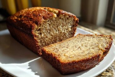 A loaf of moist greek yogurt banana bread with one thick slice cut and resting beside it on a white plate.