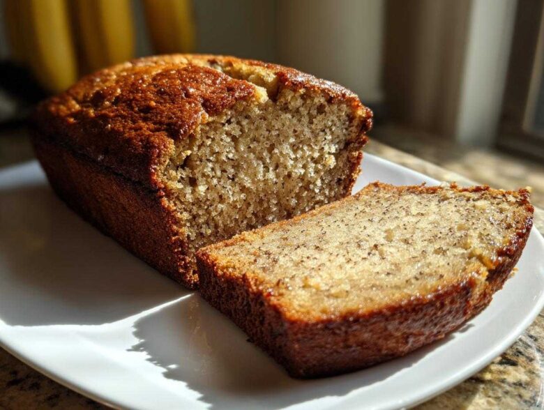 A loaf of moist greek yogurt banana bread with one thick slice cut and resting beside it on a white plate.