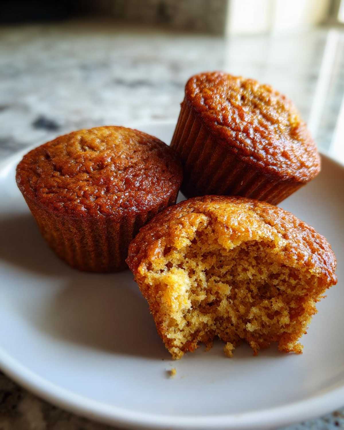 Three golden brown honey bran muffins on a plate, one with a bite taken out showing the moist interior texture.