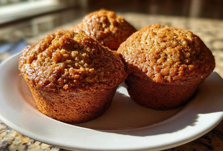 Close-up of three golden brown, moist honey bran muffins sitting on a white plate in bright sunlight.