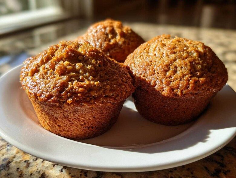 Close-up of three golden brown, moist honey bran muffins sitting on a white plate in bright sunlight.