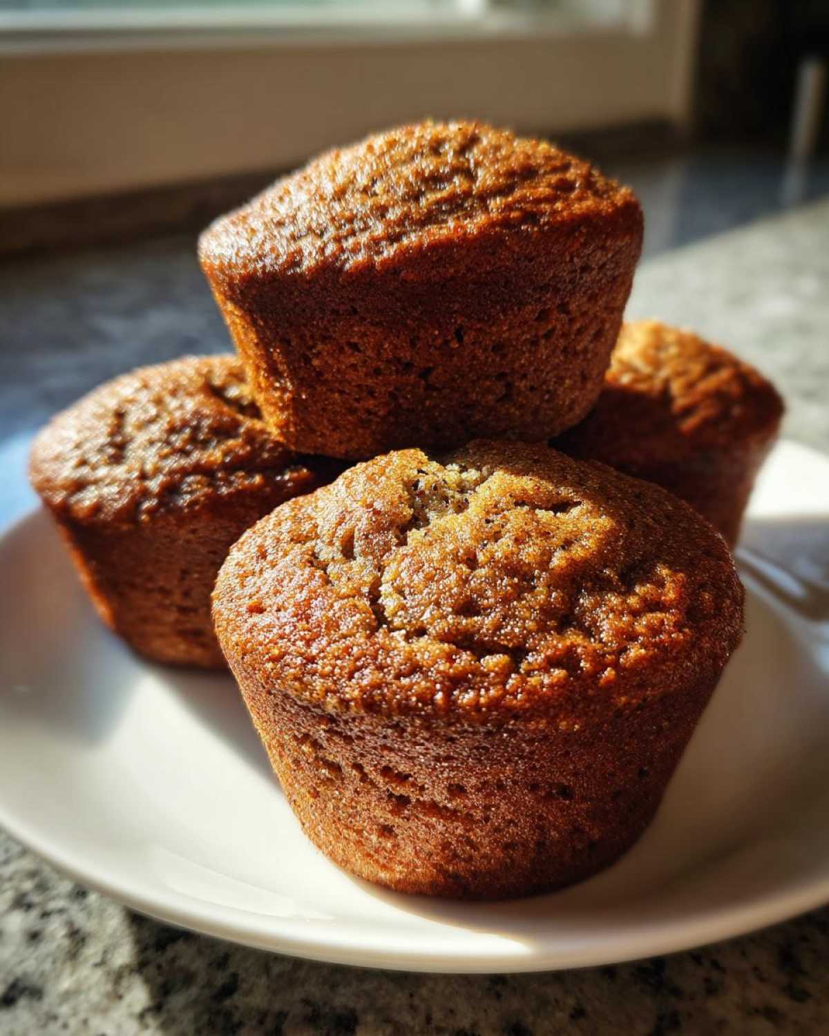 Four freshly baked, golden brown honey bran muffins stacked slightly on a white plate, highlighted by sunlight.