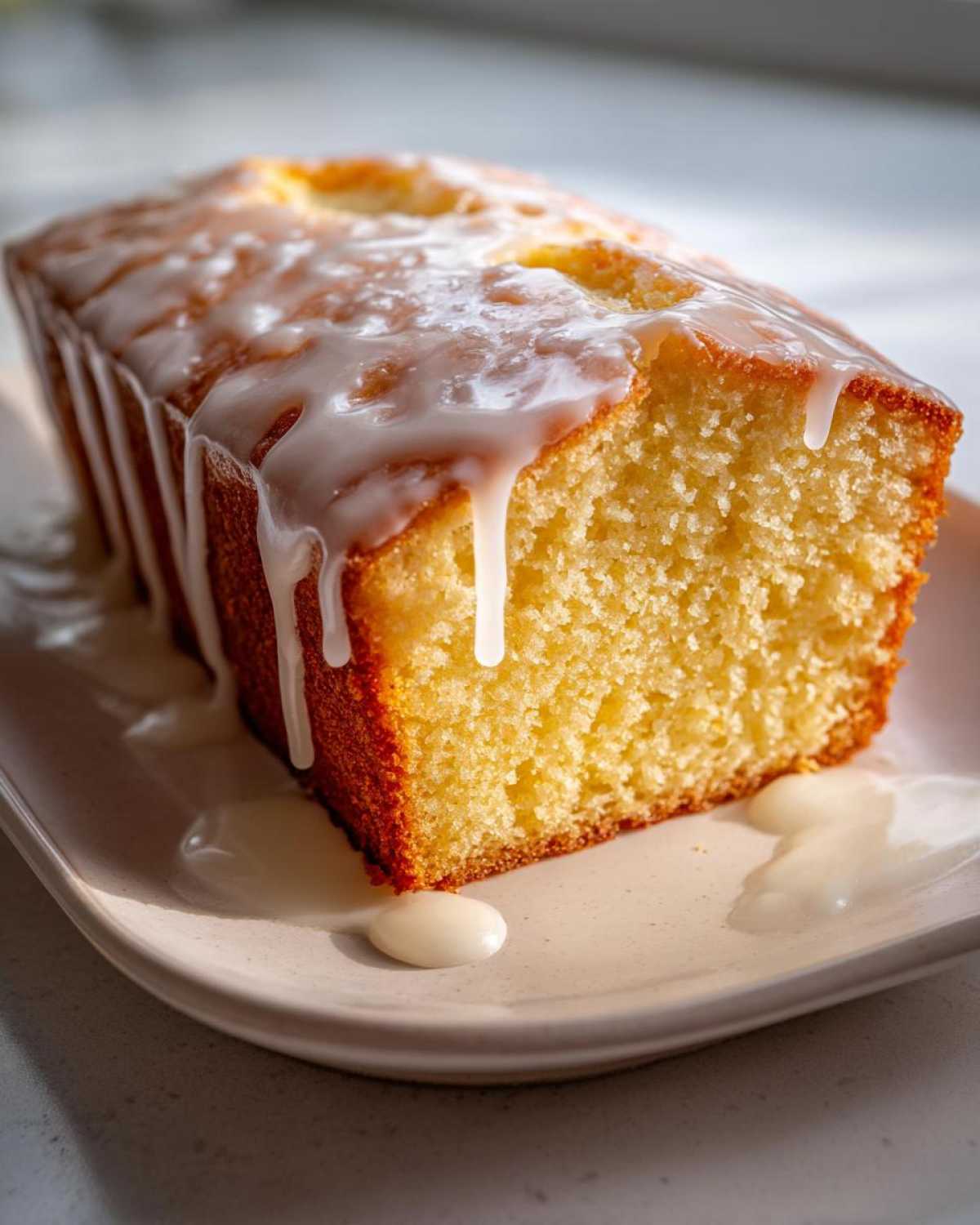 Close-up of a moist lemon pound cake slice topped with thick, dripping white lemon glaze.