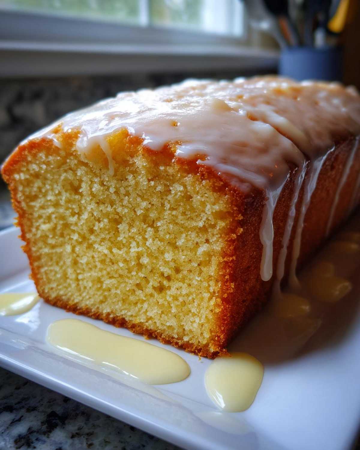 A close-up of a moist lemon pound cake loaf, sliced to show the crumb, topped with a thick white glaze dripping down the sides.