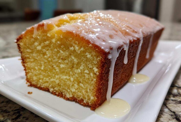 A close-up of a moist lemon pound cake loaf topped with thick white glaze dripping down the sides onto a white plate.