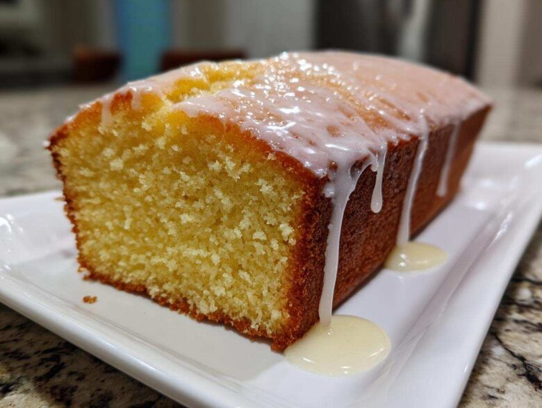 A close-up of a moist lemon pound cake loaf topped with thick white glaze dripping down the sides onto a white plate.